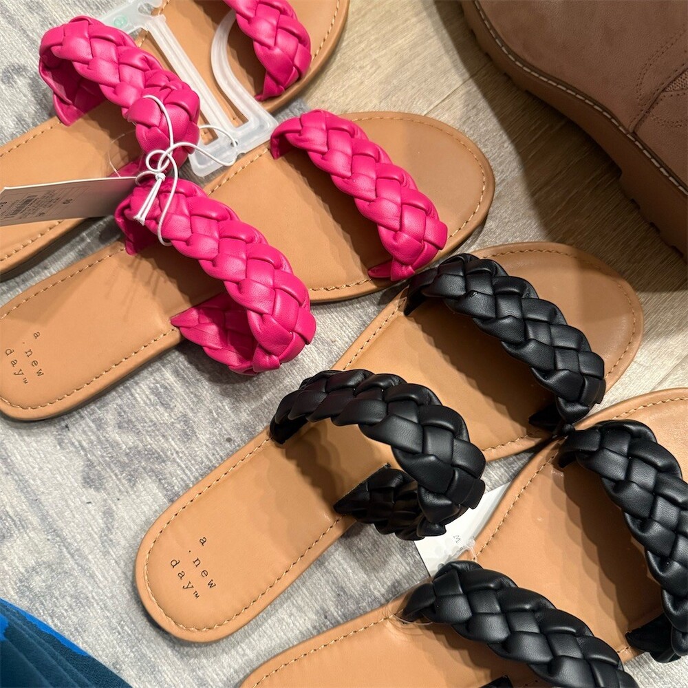A New Day Womens Braided Double Strap Slide Sandals Black/Tan Size 9.5